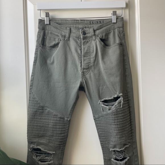 Divided H&M Moto Skinny Jeans Olive Green Distressed 29 - Picture 2 of 9